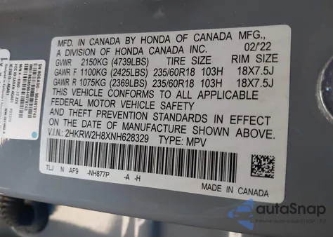 2022 Honda Cr-V Awd Ex-L z USA, uszkodzony, nr VIN 2HKRW2H8XNH628329